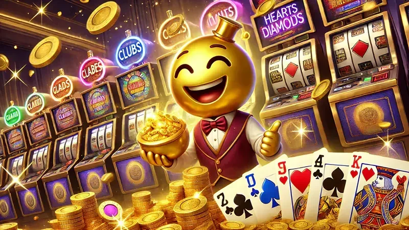 Layar slot digital dengan reel, simbol, dan elemen bonus